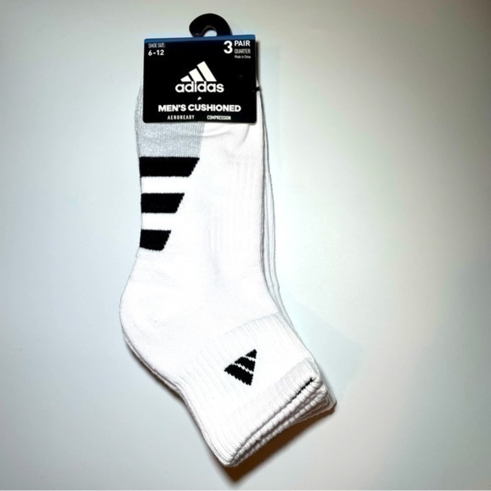 Adidas men’s quarter socks 3 pair size 6-12 white black gray